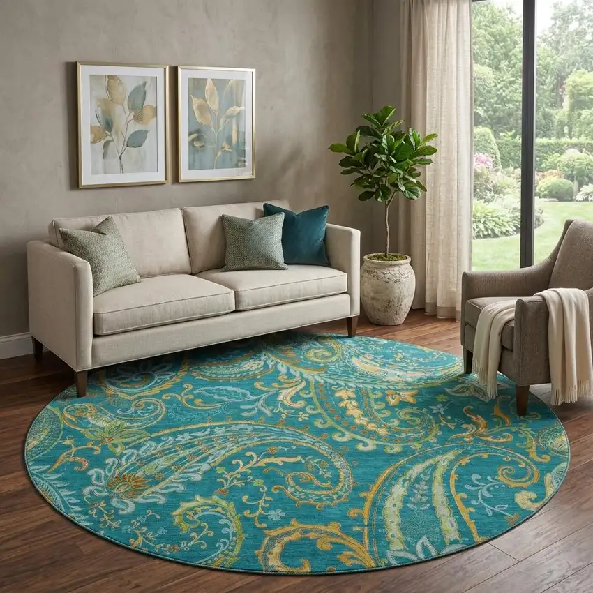 8' Teal Green And Gold Paisley Distressed Washable Round Rug With UV Protection Photo 1