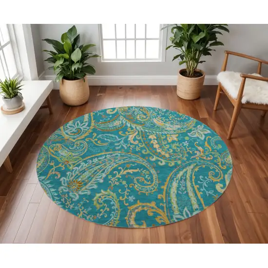 8' Teal Green And Gold Paisley Washable Round Rug With UV Protection Photo 2