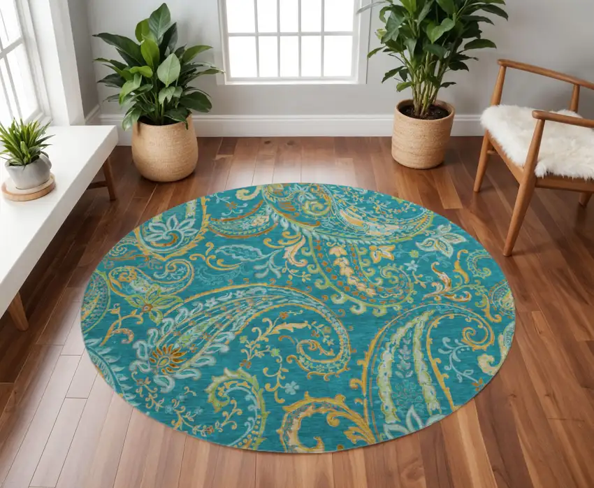 8' Teal Green And Gold Paisley Washable Round Rug With UV Protection Photo 2