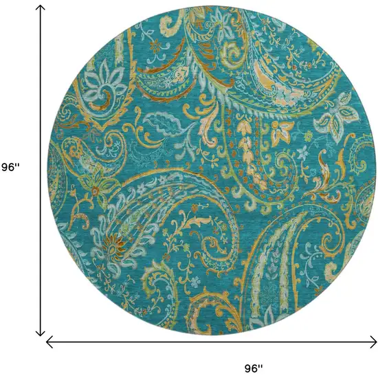8' Teal Green And Gold Paisley Distressed Washable Round Rug With UV Protection Photo 8