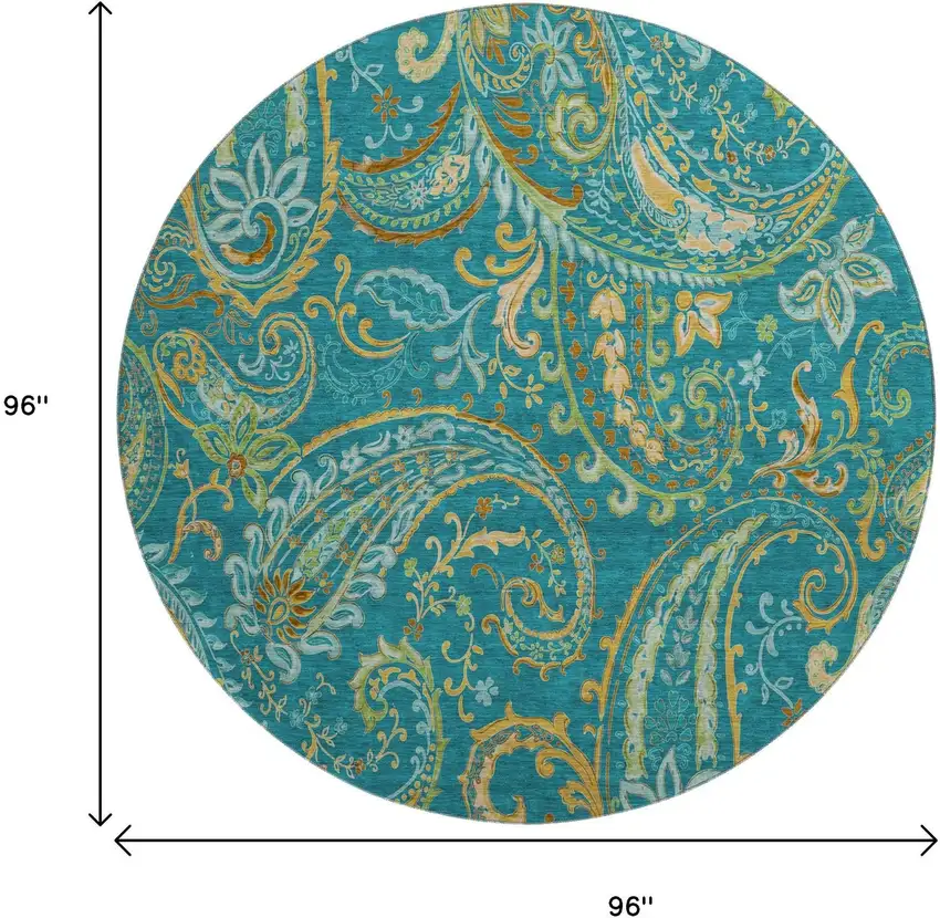 8' Teal Green And Gold Paisley Distressed Washable Round Rug With UV Protection Photo 8