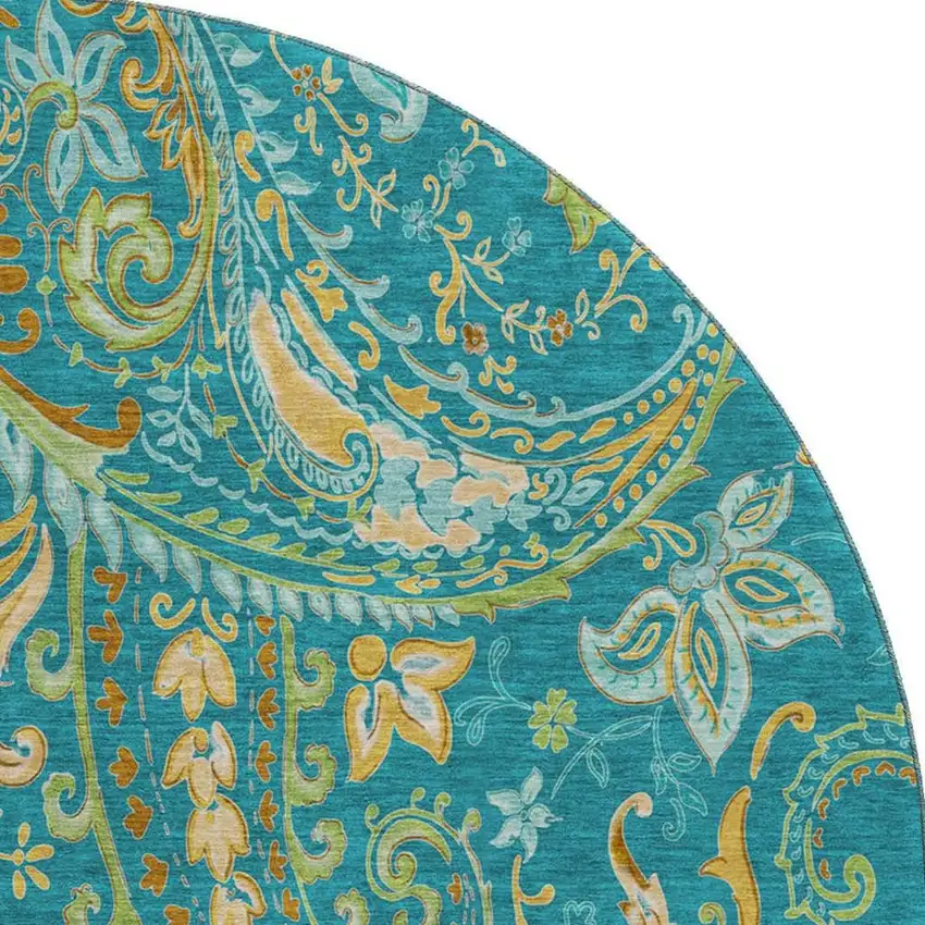 8' Teal Green And Gold Paisley Washable Round Rug With UV Protection Photo 4