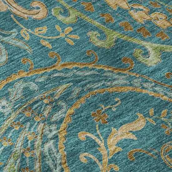8' Teal Green And Gold Paisley Washable Round Rug With UV Protection Photo 9