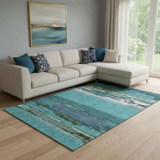 8' Teal Green And Ivory Abstract Washable Area Rug With UV Protection Photo 2