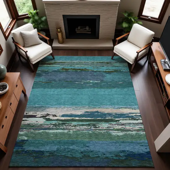 8' Teal Green And Ivory Abstract Washable Area Rug With UV Protection Photo 4