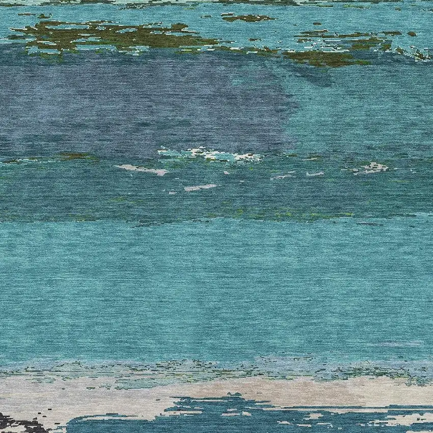 8' Teal Green And Ivory Abstract Washable Area Rug With UV Protection Photo 2