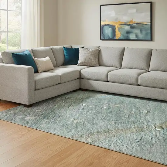 8' Teal Green And Ivory Abstract Washable Area Rug With UV Protection Photo 2