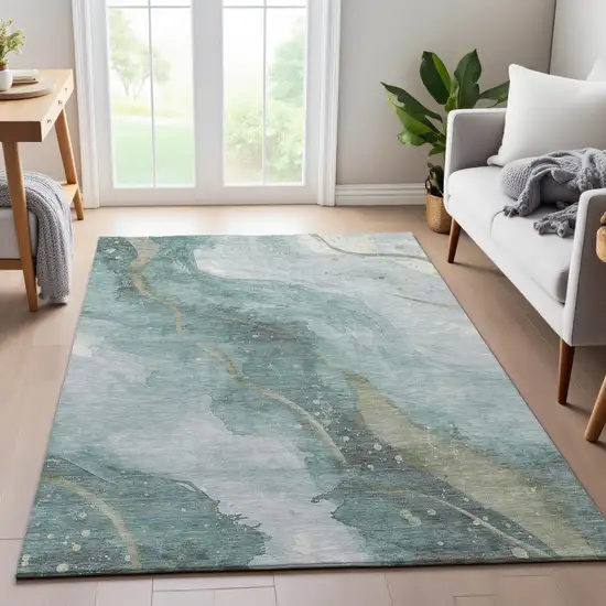 8' Teal Green And Ivory Abstract Washable Area Rug With UV Protection Photo 5