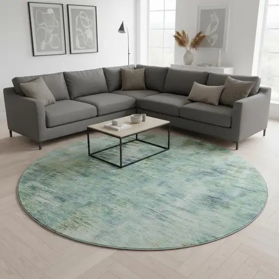 8' Teal Green And Ivory Abstract Washable Round Rug With UV Protection Photo 2