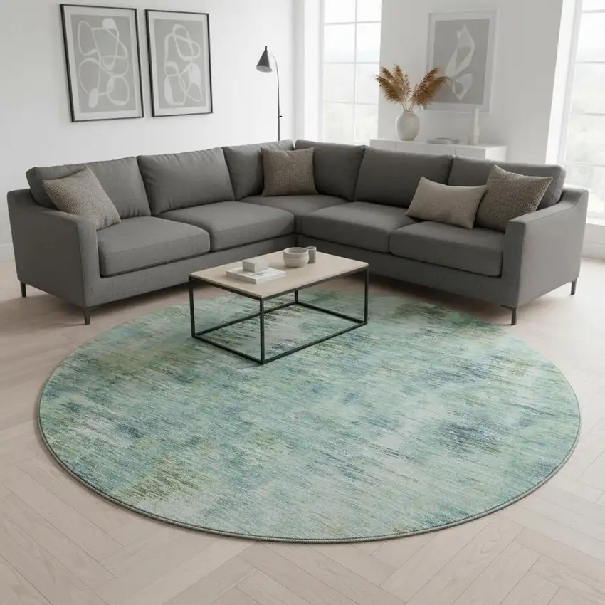 8' Teal Green And Ivory Abstract Washable Round Rug With UV Protection Photo 2