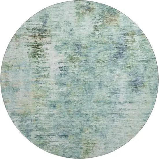 8' Teal Green And Ivory Abstract Washable Round Rug With UV Protection Photo 1