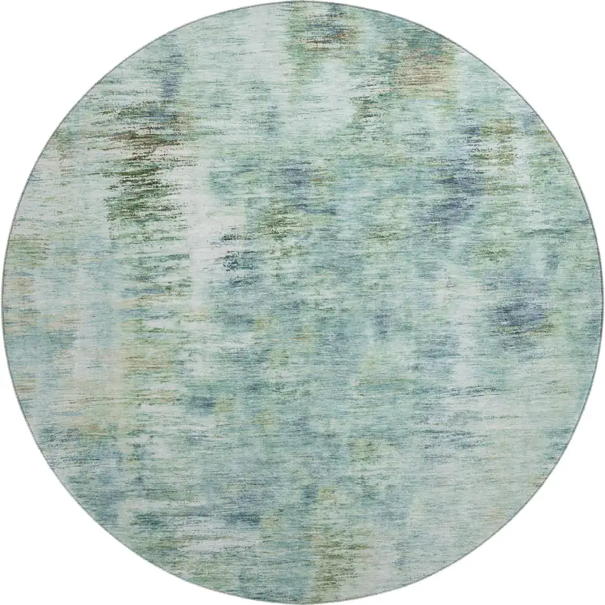 8' Teal Green And Ivory Abstract Washable Round Rug With UV Protection Photo 1