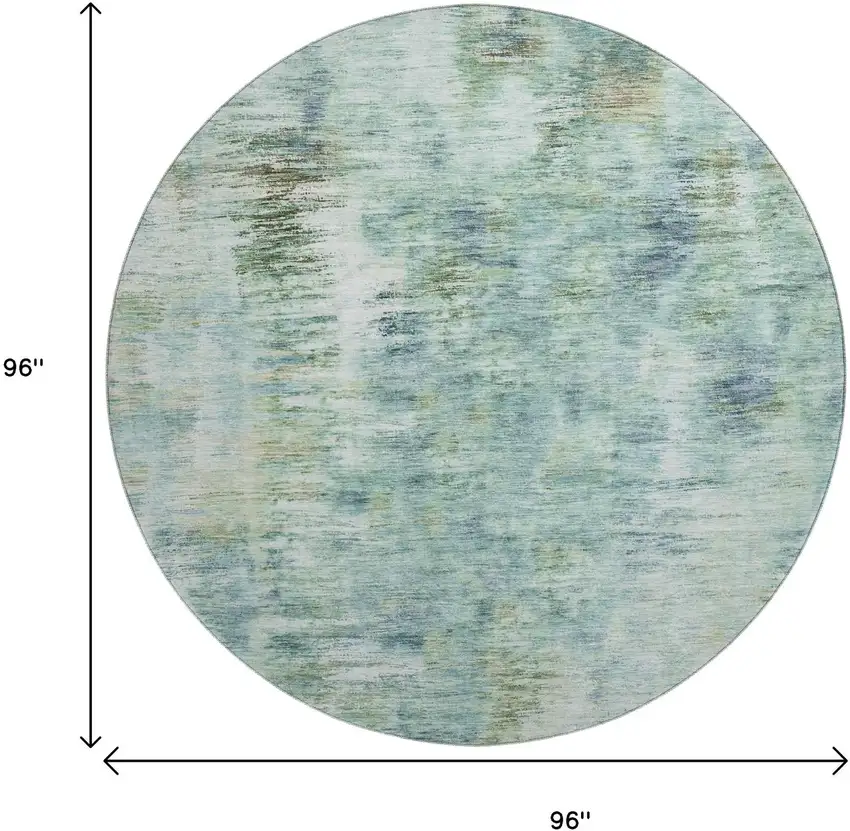 8' Teal Green And Ivory Abstract Washable Round Rug With UV Protection Photo 3