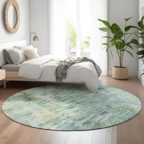 8' Teal Green And Ivory Abstract Washable Round Rug With UV Protection Photo 5