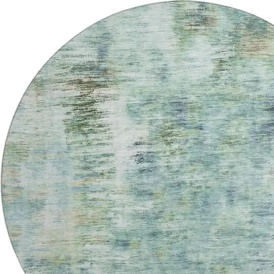 8' Teal Green And Ivory Abstract Washable Round Rug With UV Protection Photo 3