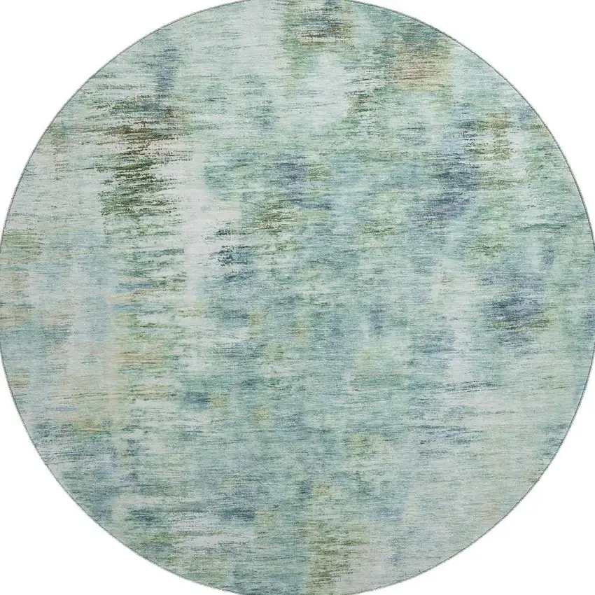 8' Teal Green And Ivory Abstract Washable Round Rug With UV Protection Photo 4