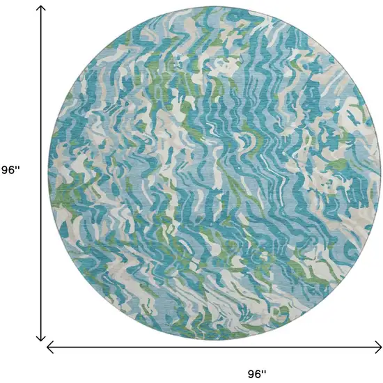8' Teal Green And Ivory Abstract Washable Round Rug With UV Protection Photo 9