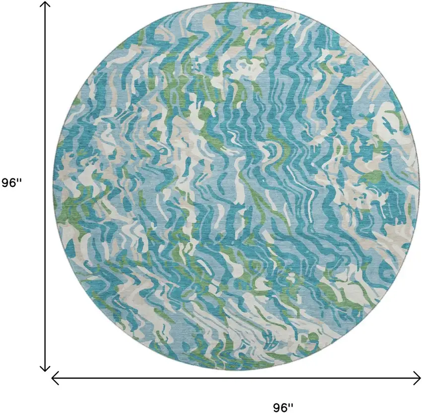 8' Teal Green And Ivory Abstract Washable Round Rug With UV Protection Photo 9