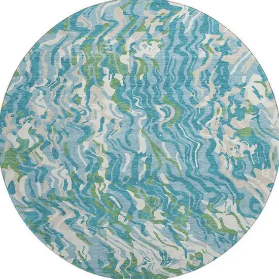 8' Teal Green And Ivory Abstract Washable Round Rug With UV Protection Photo 2