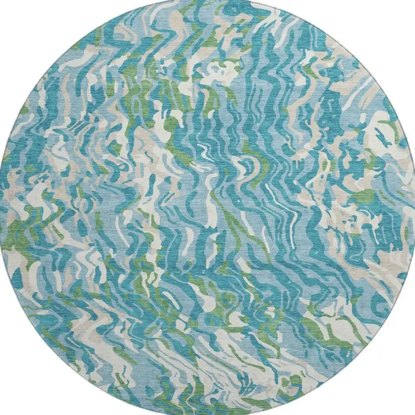 8' Teal Green And Ivory Abstract Washable Round Rug With UV Protection Photo 2