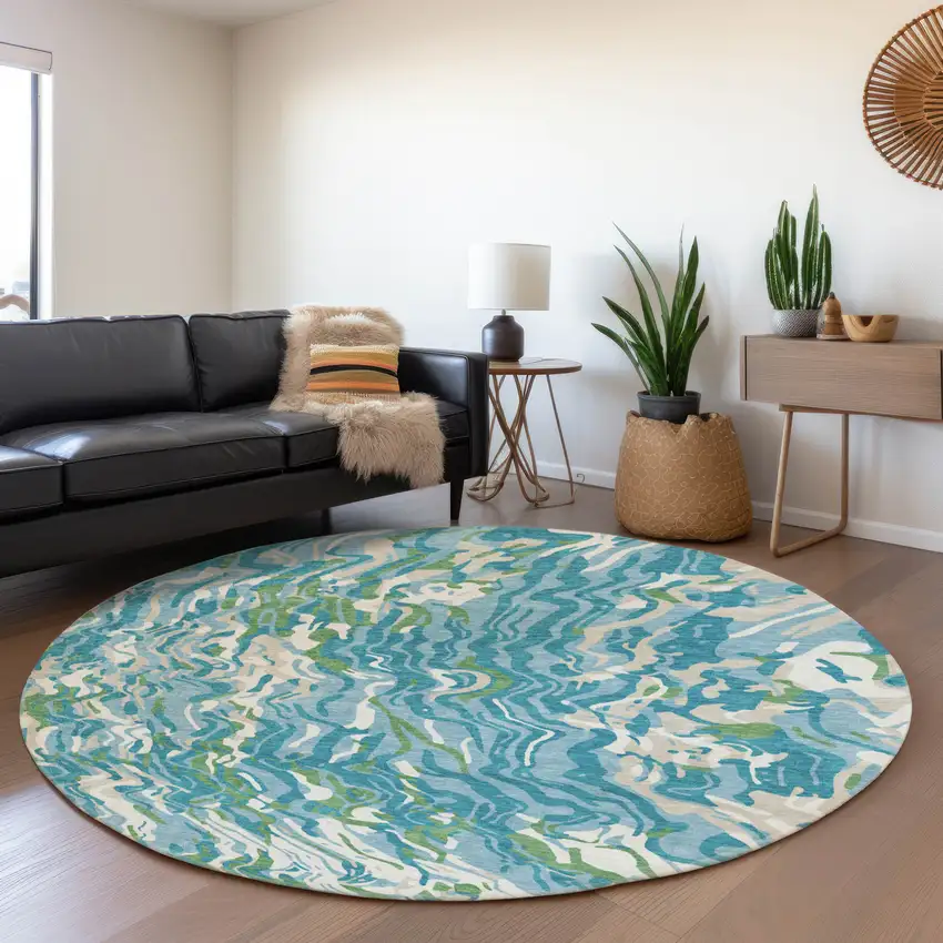 8' Teal Green And Ivory Abstract Washable Round Rug With UV Protection Photo 4