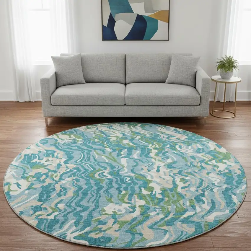 8' Teal Green And Ivory Abstract Washable Round Rug With UV Protection Photo 2