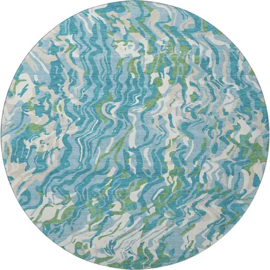 8' Teal Green And Ivory Abstract Washable Round Rug With UV Protection Photo 3