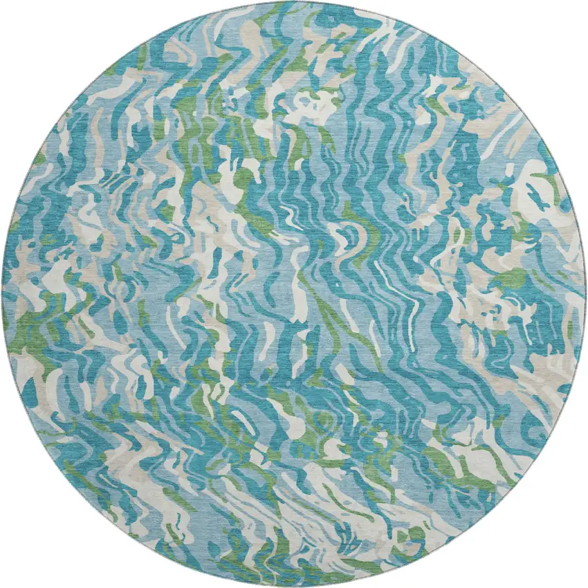 8' Teal Green And Ivory Abstract Washable Round Rug With UV Protection Photo 1