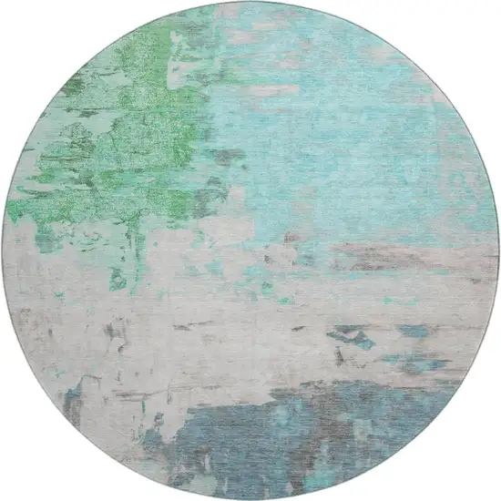 8' Teal Green And Ivory Abstract Washable Round Rug With UV Protection Photo 1