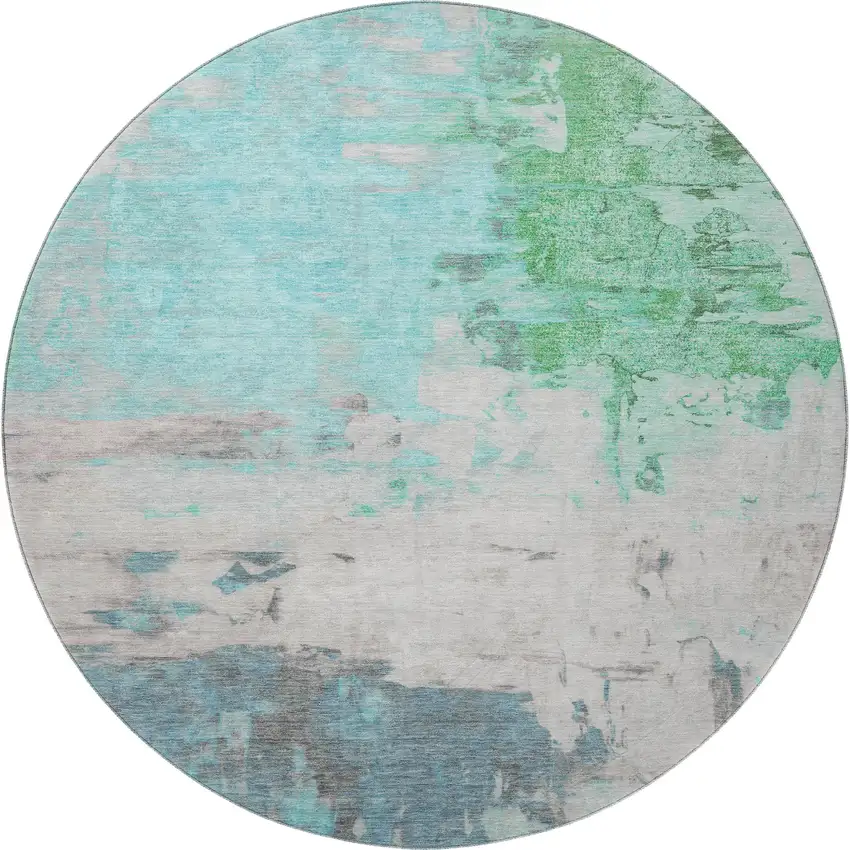 8' Teal Green And Ivory Abstract Washable Round Rug With UV Protection Photo 4