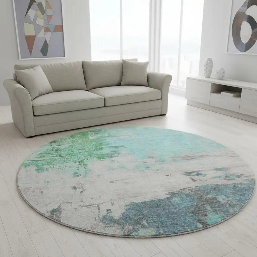 8' Teal Green And Ivory Abstract Washable Round Rug With UV Protection Photo 2
