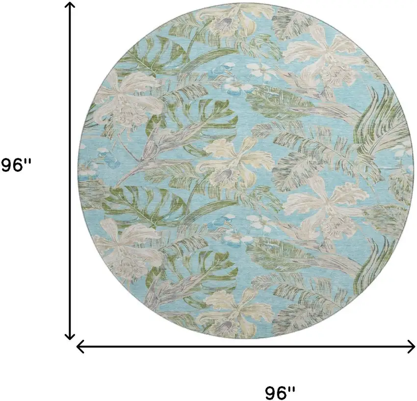 8' Teal Green And Ivory Floral Washable Round Rug With UV Protection Photo 9