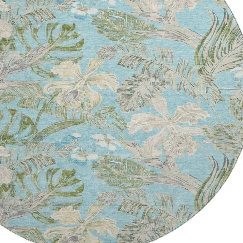 8' Teal Green And Ivory Floral Washable Round Rug With UV Protection Photo 2