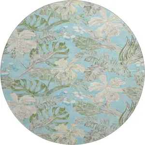 Photo of 8' Teal Green And Ivory Floral Washable Round Rug With UV Protection