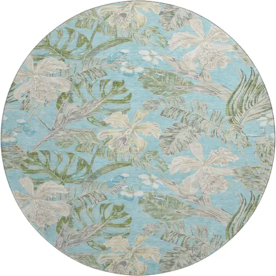 8' Teal Green And Ivory Floral Washable Round Rug With UV Protection Photo 1