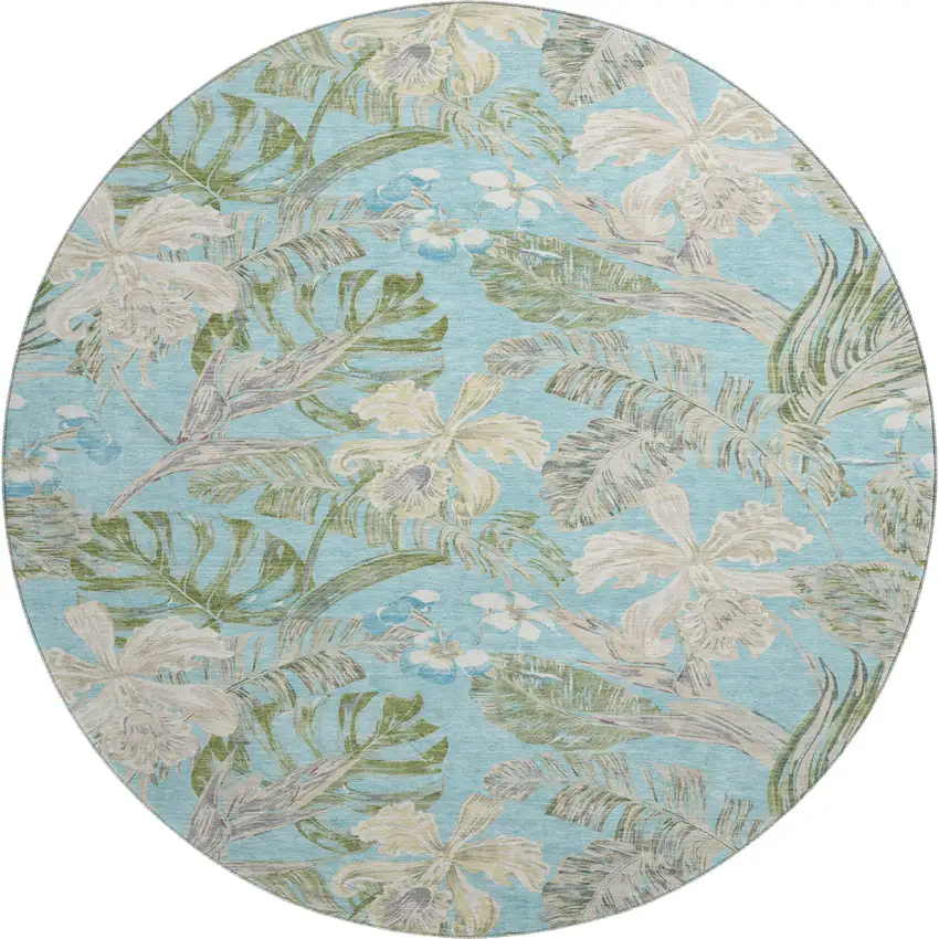 8' Teal Green And Ivory Floral Washable Round Rug With UV Protection Photo 1