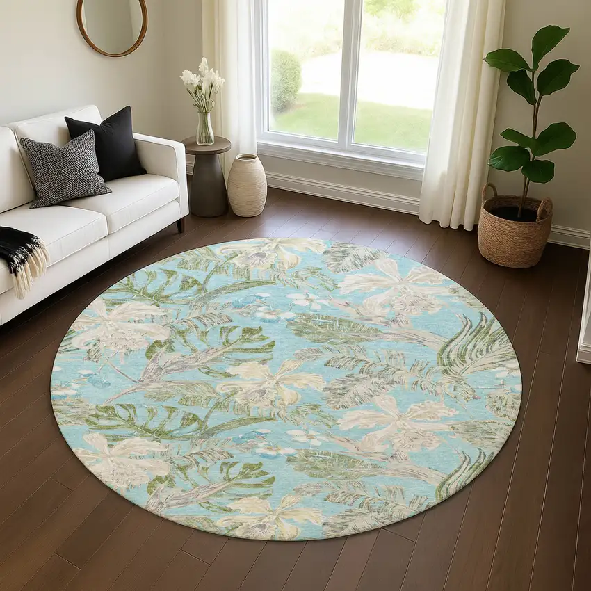 8' Teal Green And Ivory Floral Washable Round Rug With UV Protection Photo 4