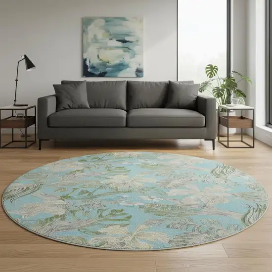 8' Teal Green And Ivory Floral Washable Round Rug With UV Protection Photo 2