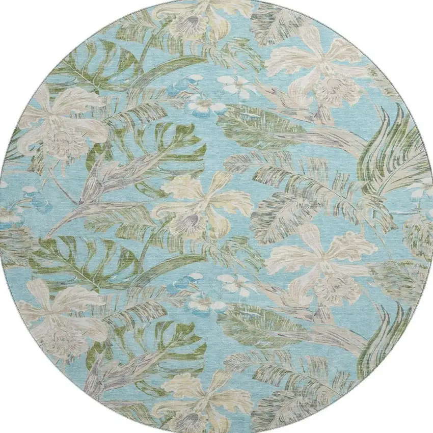 8' Teal Green And Ivory Floral Washable Round Rug With UV Protection Photo 3