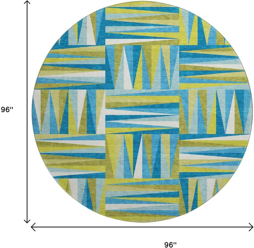 8' Teal Green And Ivory Geometric Washable Round Rug With UV Protection Photo 9