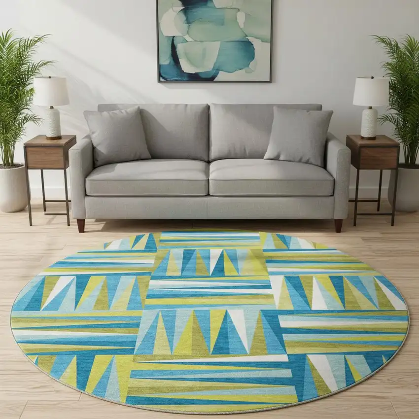 8' Teal Green And Ivory Geometric Washable Round Rug With UV Protection Photo 2