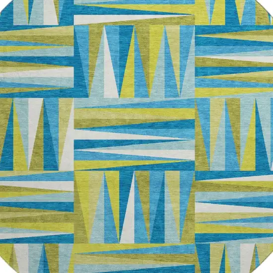 8' Teal Green And Ivory Geometric Washable Round Rug With UV Protection Photo 2