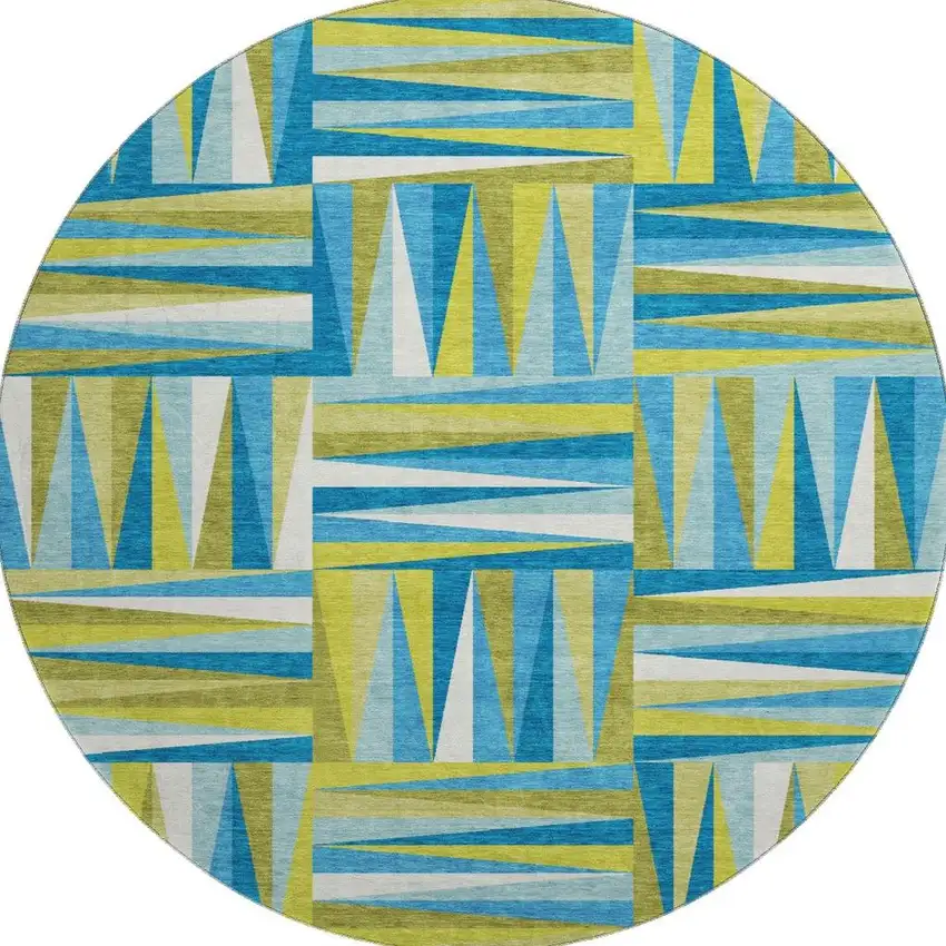 8' Teal Green And Ivory Geometric Washable Round Rug With UV Protection Photo 3