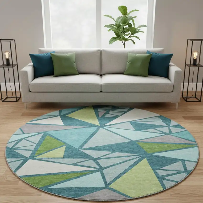 8' Teal Green And Ivory Geometric Washable Round Rug With UV Protection Photo 2