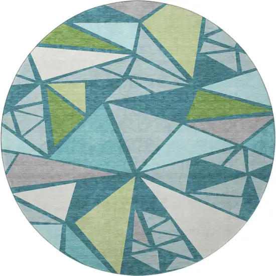 8' Teal Green And Ivory Geometric Washable Round Rug With UV Protection Photo 3