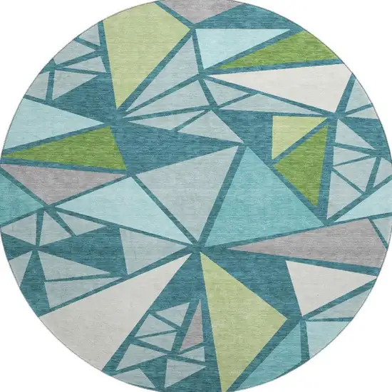 8' Teal Green And Ivory Geometric Washable Round Rug With UV Protection Photo 2