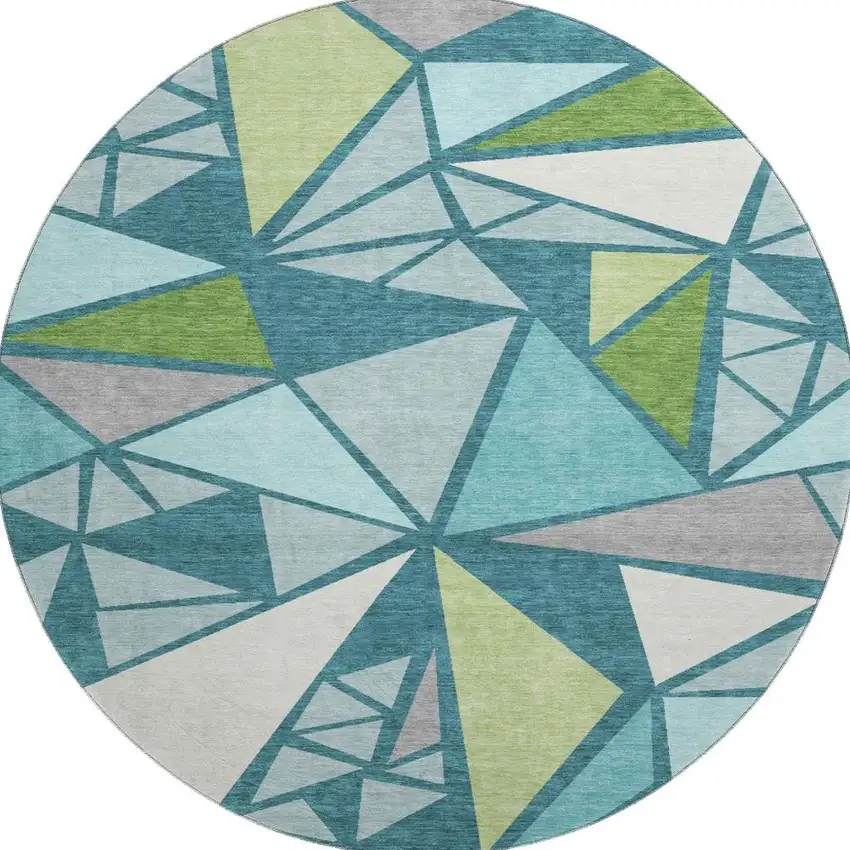 8' Teal Green And Ivory Geometric Washable Round Rug With UV Protection Photo 2