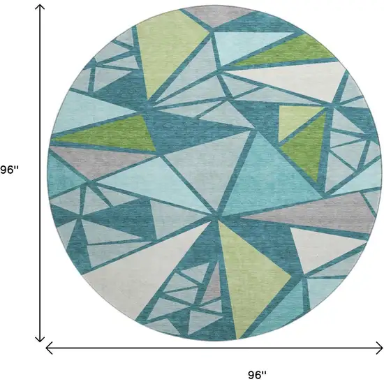 8' Teal Green And Ivory Geometric Washable Round Rug With UV Protection Photo 9