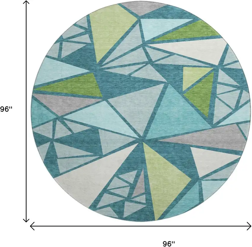 8' Teal Green And Ivory Geometric Washable Round Rug With UV Protection Photo 9