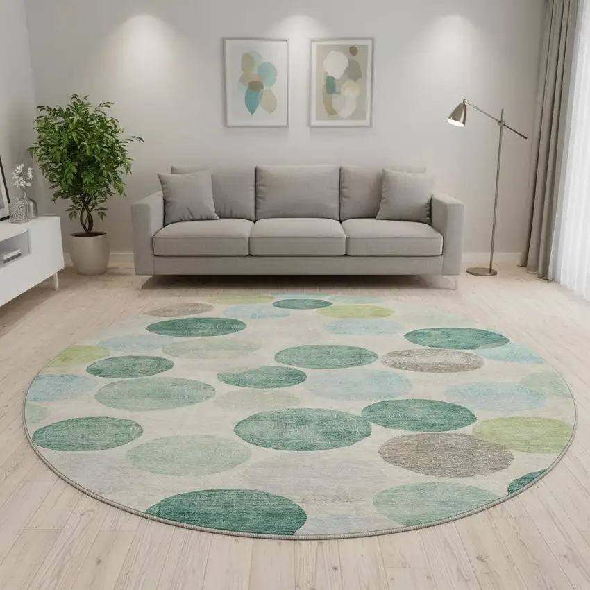 8' Teal Green And Ivory Geometric Washable Round Rug With UV Protection Photo 2